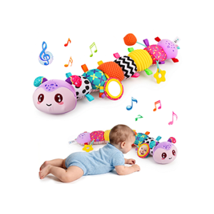 Musical Caterpillar Baby Toys for 0-6 6-12 Months, Multi-Functional Sensory Tummy Time Toys with Mirror Rattle Crinkle, Developmental Stuffed Animal Toy for Newborn Boys Girls Shower Gifts