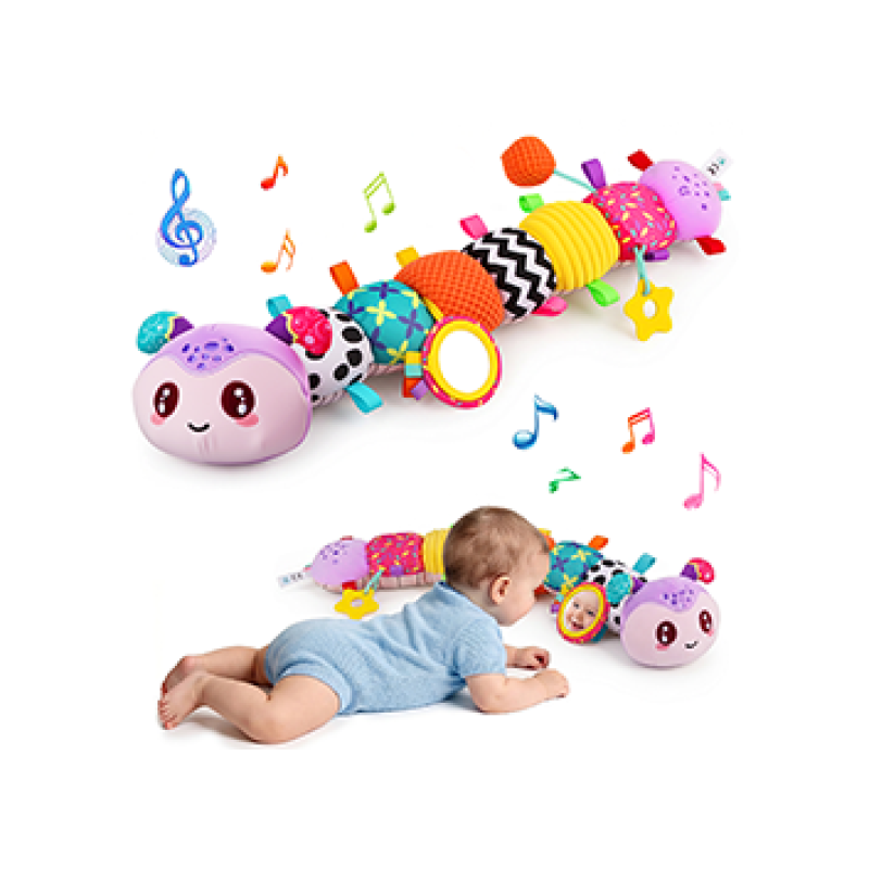 Musical Caterpillar Baby Toys for 0-6 6-12 Months, Multi-Functional Sensory Tummy Time Toys with Mirror Rattle Crinkle, Developmental Stuffed Animal Toy for Newborn Boys Girls Shower Gifts
