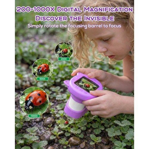 Digital Handheld Microscope for Kids, 1000X Portable Pocket Magnifying Glass with 2.4" Screen, STEM Educational Birthday Gift for Boys Girls Age 4-6 to 8-12, Outdoor Exploration Toy,Purple