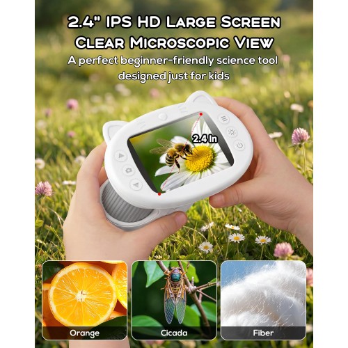 Digital Handheld Microscope for Kids, 1000X Portable Pocket Magnifying Glass with 2.4" Screen, STEM Educational Birthday Gift for Boys Girls Age 4-6 to 8-12, Outdoor Exploration Toy,White