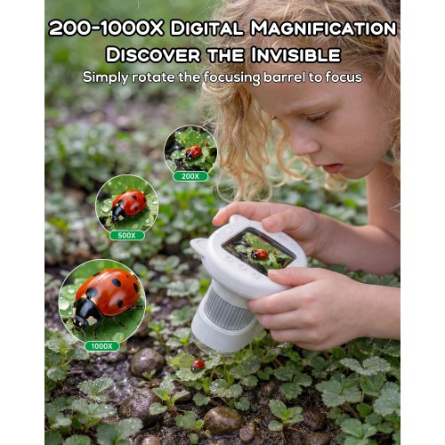 Digital Handheld Microscope for Kids, 1000X Portable Pocket Magnifying Glass with 2.4" Screen, STEM Educational Birthday Gift for Boys Girls Age 4-6 to 8-12, Outdoor Exploration Toy,White