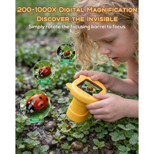 Digital Handheld Microscope for Kids, 1000X Portable Pocket Magnifying Glass with 2.4" Screen, STEM Educational Birthday Gift for Boys Girls Age 4-6 to 8-12, Outdoor Exploration Toy,Yellow