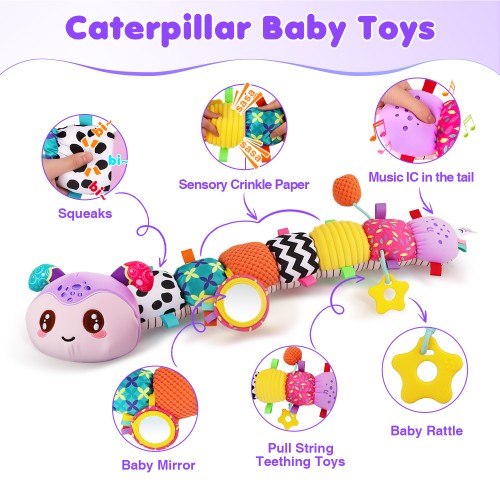 Musical Caterpillar Baby Toys for 0-6 6-12 Months, Multi-Functional Sensory Tummy Time Toys with Mirror Rattle Crinkle, Developmental Stuffed Animal Toy for Newborn Boys Girls Shower Gifts