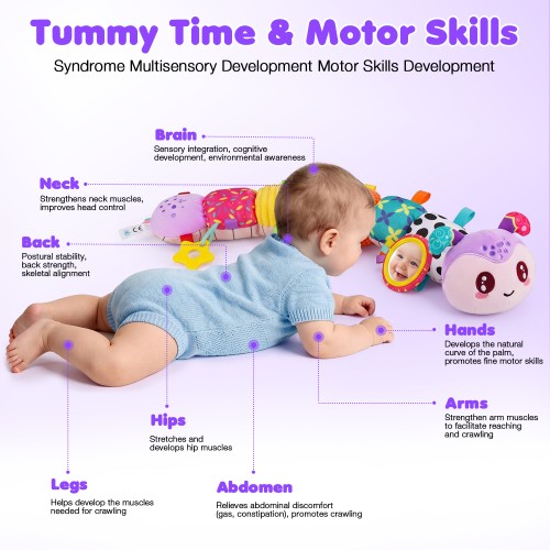 Musical Caterpillar Baby Toys for 0-6 6-12 Months, Multi-Functional Sensory Tummy Time Toys with Mirror Rattle Crinkle, Developmental Stuffed Animal Toy for Newborn Boys Girls Shower Gifts
