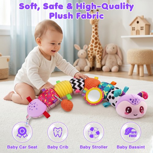 Musical Caterpillar Baby Toys for 0-6 6-12 Months, Multi-Functional Sensory Tummy Time Toys with Mirror Rattle Crinkle, Developmental Stuffed Animal Toy for Newborn Boys Girls Shower Gifts
