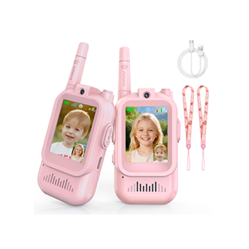 Rechargeable Video Walkie Talkies for Kids 2 Pack - Christmas Birthday Gifts Toys for 3 4 5 6 7 8 9 10 11 12 Year Old Boys Girls, Long Range Video Intercom with Camera & Voice Effects, Pink&Pink