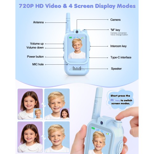Video Walkie Talkies for Kids, Long Range Kids Walkie Talkies with 4 Voice Effects & HD Camera, Indoor Outdoor Toys for Family Games, Birthday Gifts Toys for Boys Girls Ages 3-12, Blue&Purple