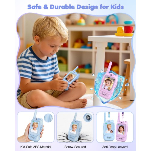 Video Walkie Talkies for Kids, Long Range Kids Walkie Talkies with 4 Voice Effects & HD Camera, Indoor Outdoor Toys for Family Games, Birthday Gifts Toys for Boys Girls Ages 3-12, Blue&Purple