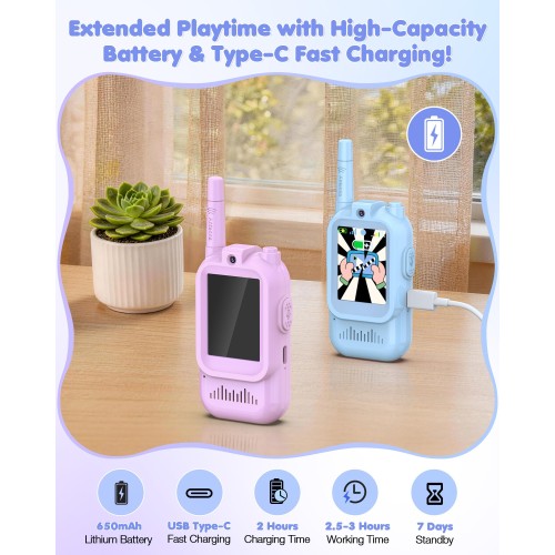 Video Walkie Talkies for Kids, Long Range Kids Walkie Talkies with 4 Voice Effects & HD Camera, Indoor Outdoor Toys for Family Games, Birthday Gifts Toys for Boys Girls Ages 3-12, Blue&Purple