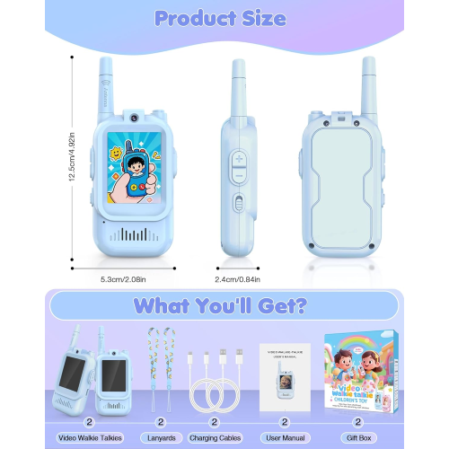 Upgraded Video Walkie Talkies for Kids Ages 3-12, 2 Pack Rechargeable Video Intercom Toys with HD Camera & 4 Voice Effects, 1000FT Long Range, Christmas Birthday Gifts for Boys Girls, Blue&Blue