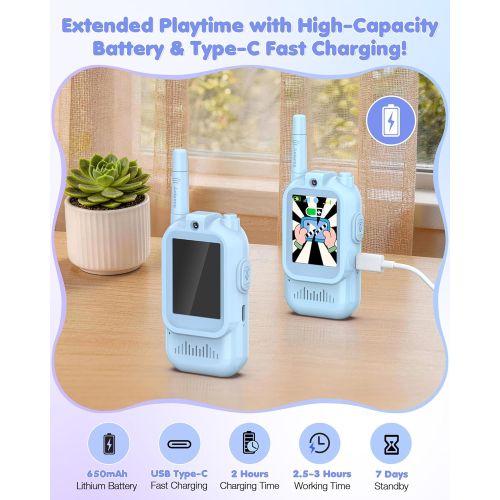 Upgraded Video Walkie Talkies for Kids Ages 3-12, 2 Pack Rechargeable Video Intercom Toys with HD Camera & 4 Voice Effects, 1000FT Long Range, Christmas Birthday Gifts for Boys Girls, Blue&Blue
