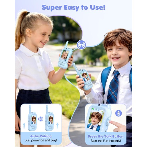 Upgraded Video Walkie Talkies for Kids Ages 3-12, 2 Pack Rechargeable Video Intercom Toys with HD Camera & 4 Voice Effects, 1000FT Long Range, Christmas Birthday Gifts for Boys Girls, Blue&Blue