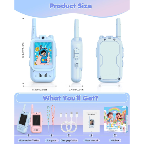 Video Walkie Talkies for Kids 2 Pack, Rechargeable Kids Walkie Talkies with HD Camera & Voice Changer, Long Range Two Way Radios, Outdoor Toys, Birthday Gifts for Boys Girls Ages 3-12, Blue&Pink