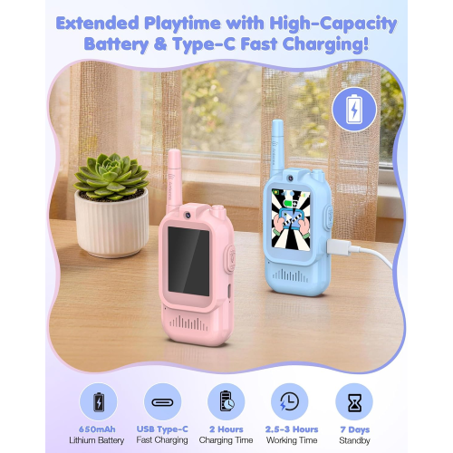 Video Walkie Talkies for Kids 2 Pack, Rechargeable Kids Walkie Talkies with HD Camera & Voice Changer, Long Range Two Way Radios, Outdoor Toys, Birthday Gifts for Boys Girls Ages 3-12, Blue&Pink