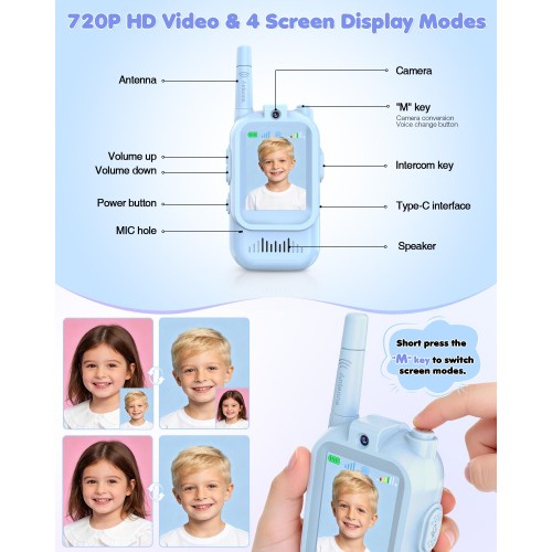 Video Walkie Talkies for Kids 2 Pack, Rechargeable Kids Walkie Talkies with HD Camera & Voice Changer, Long Range Two Way Radios, Outdoor Toys, Birthday Gifts for Boys Girls Ages 3-12, Blue&Pink