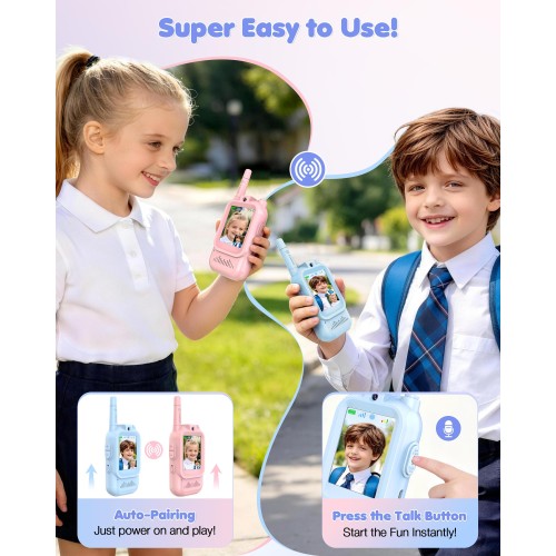 Video Walkie Talkies for Kids 2 Pack, Rechargeable Kids Walkie Talkies with HD Camera & Voice Changer, Long Range Two Way Radios, Outdoor Toys, Birthday Gifts for Boys Girls Ages 3-12, Blue&Pink