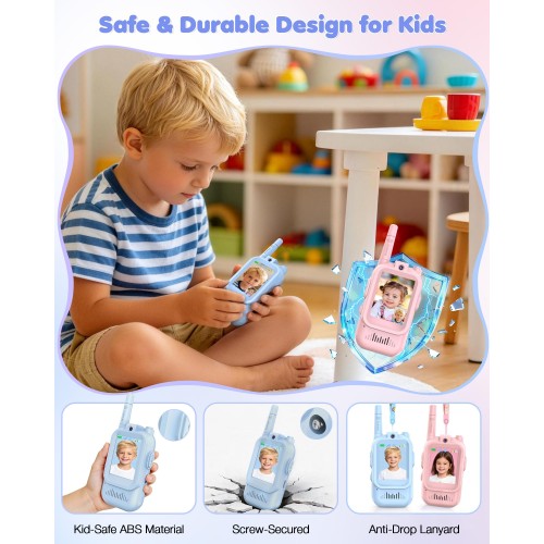 Video Walkie Talkies for Kids 2 Pack, Rechargeable Kids Walkie Talkies with HD Camera & Voice Changer, Long Range Two Way Radios, Outdoor Toys, Birthday Gifts for Boys Girls Ages 3-12, Blue&Pink