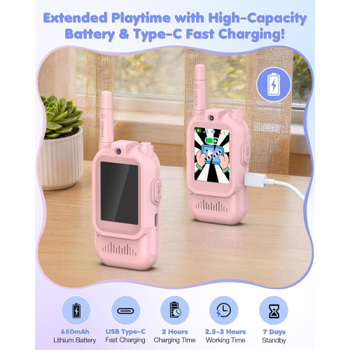 Rechargeable Video Walkie Talkies for Kids 2 Pack - Christmas Birthday Gifts Toys for 3 4 5 6 7 8 9 10 11 12 Year Old Boys Girls, Long Range Video Intercom with Camera & Voice Effects, Pink&Pink