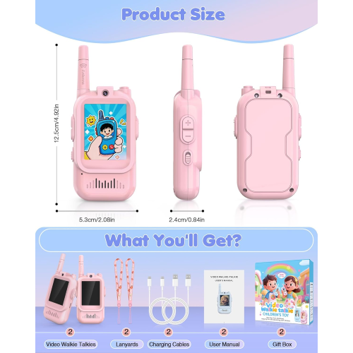Rechargeable Video Walkie Talkies for Kids 2 Pack - Christmas Birthday Gifts Toys for 3 4 5 6 7 8 9 10 11 12 Year Old Boys Girls, Long Range Video Intercom with Camera & Voice Effects, Pink&Pink