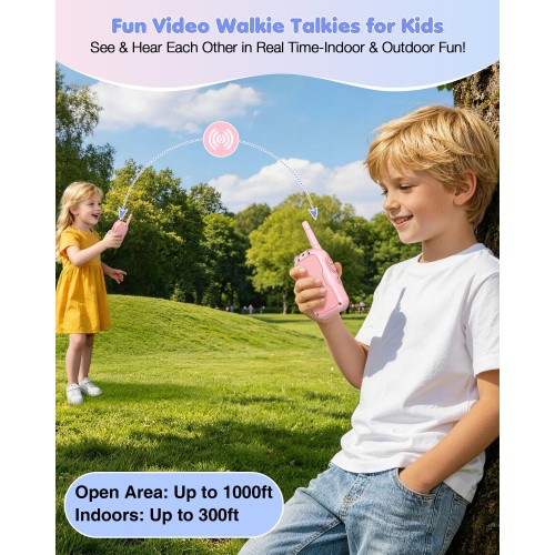 Rechargeable Video Walkie Talkies for Kids 2 Pack - Christmas Birthday Gifts Toys for 3 4 5 6 7 8 9 10 11 12 Year Old Boys Girls, Long Range Video Intercom with Camera & Voice Effects, Pink&Pink
