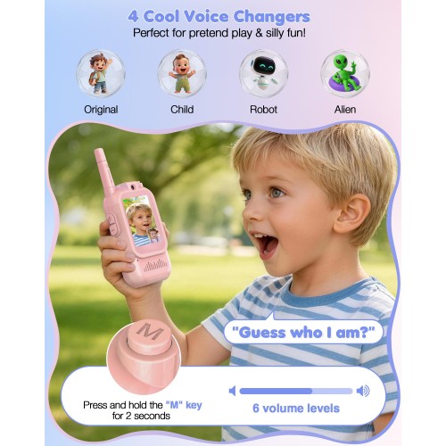 Rechargeable Video Walkie Talkies for Kids 2 Pack - Christmas Birthday Gifts Toys for 3 4 5 6 7 8 9 10 11 12 Year Old Boys Girls, Long Range Video Intercom with Camera & Voice Effects, Pink&Pink