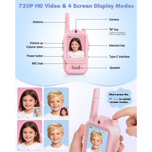 Rechargeable Video Walkie Talkies for Kids 2 Pack - Christmas Birthday Gifts Toys for 3 4 5 6 7 8 9 10 11 12 Year Old Boys Girls, Long Range Video Intercom with Camera & Voice Effects, Pink&Pink