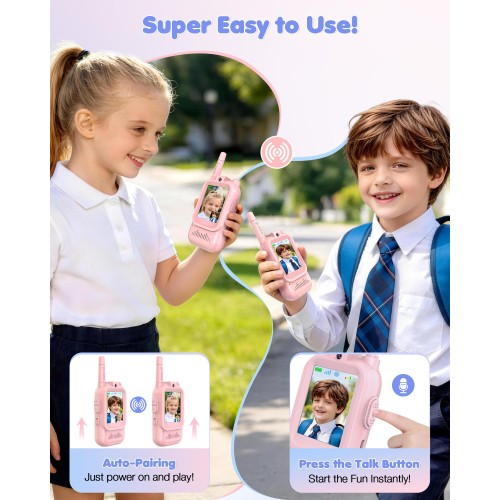 Rechargeable Video Walkie Talkies for Kids 2 Pack - Christmas Birthday Gifts Toys for 3 4 5 6 7 8 9 10 11 12 Year Old Boys Girls, Long Range Video Intercom with Camera & Voice Effects, Pink&Pink
