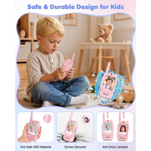 Rechargeable Video Walkie Talkies for Kids 2 Pack - Christmas Birthday Gifts Toys for 3 4 5 6 7 8 9 10 11 12 Year Old Boys Girls, Long Range Video Intercom with Camera & Voice Effects, Pink&Pink