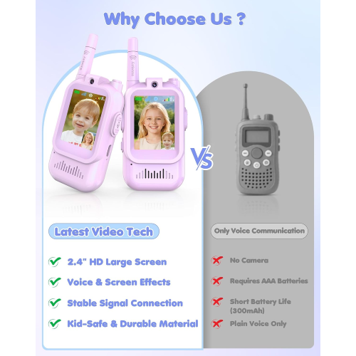 Upgraded Video Walkie Talkies for Kids, 2 Pack Rechargeable Kids Walkie Talkies with HD Video & Voice Changer, Long Range Two-Way Radios, Indoor Outdoor Toys Gifts for Boys Girls Ages 3+,Purple&Purple