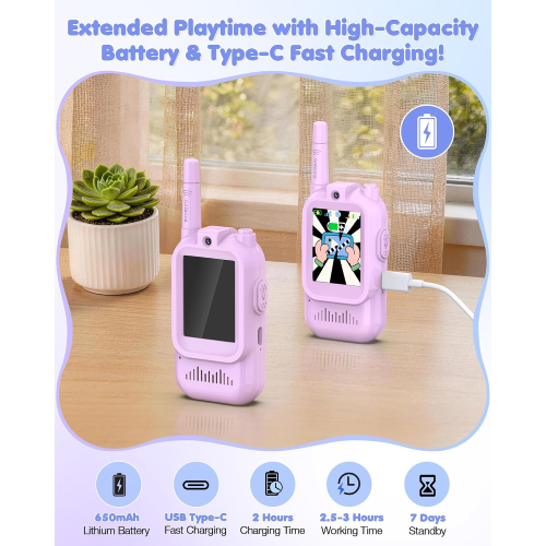 Upgraded Video Walkie Talkies for Kids, 2 Pack Rechargeable Kids Walkie Talkies with HD Video & Voice Changer, Long Range Two-Way Radios, Indoor Outdoor Toys Gifts for Boys Girls Ages 3+,Purple&Purple