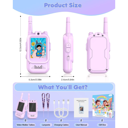 Upgraded Video Walkie Talkies for Kids, 2 Pack Rechargeable Kids Walkie Talkies with HD Video & Voice Changer, Long Range Two-Way Radios, Indoor Outdoor Toys Gifts for Boys Girls Ages 3+,Purple&Purple