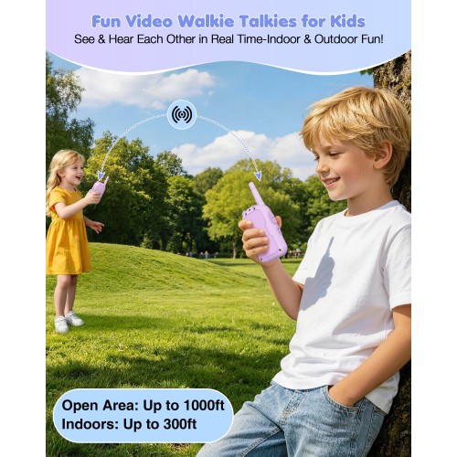 Upgraded Video Walkie Talkies for Kids, 2 Pack Rechargeable Kids Walkie Talkies with HD Video & Voice Changer, Long Range Two-Way Radios, Indoor Outdoor Toys Gifts for Boys Girls Ages 3+,Purple&Purple