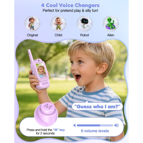 Upgraded Video Walkie Talkies for Kids, 2 Pack Rechargeable Kids Walkie Talkies with HD Video & Voice Changer, Long Range Two-Way Radios, Indoor Outdoor Toys Gifts for Boys Girls Ages 3+,Purple&Purple