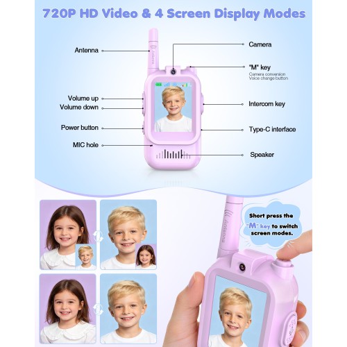 Upgraded Video Walkie Talkies for Kids, 2 Pack Rechargeable Kids Walkie Talkies with HD Video & Voice Changer, Long Range Two-Way Radios, Indoor Outdoor Toys Gifts for Boys Girls Ages 3+,Purple&Purple