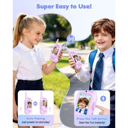Upgraded Video Walkie Talkies for Kids, 2 Pack Rechargeable Kids Walkie Talkies with HD Video & Voice Changer, Long Range Two-Way Radios, Indoor Outdoor Toys Gifts for Boys Girls Ages 3+,Purple&Purple