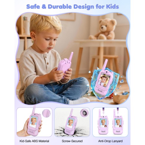 Upgraded Video Walkie Talkies for Kids, 2 Pack Rechargeable Kids Walkie Talkies with HD Video & Voice Changer, Long Range Two-Way Radios, Indoor Outdoor Toys Gifts for Boys Girls Ages 3+,Purple&Purple